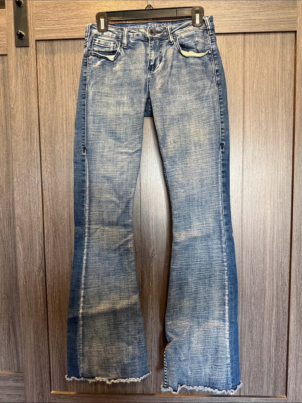 Cowgirl Tuff Two-Tone Blue Flare Jeans with Raw Hem